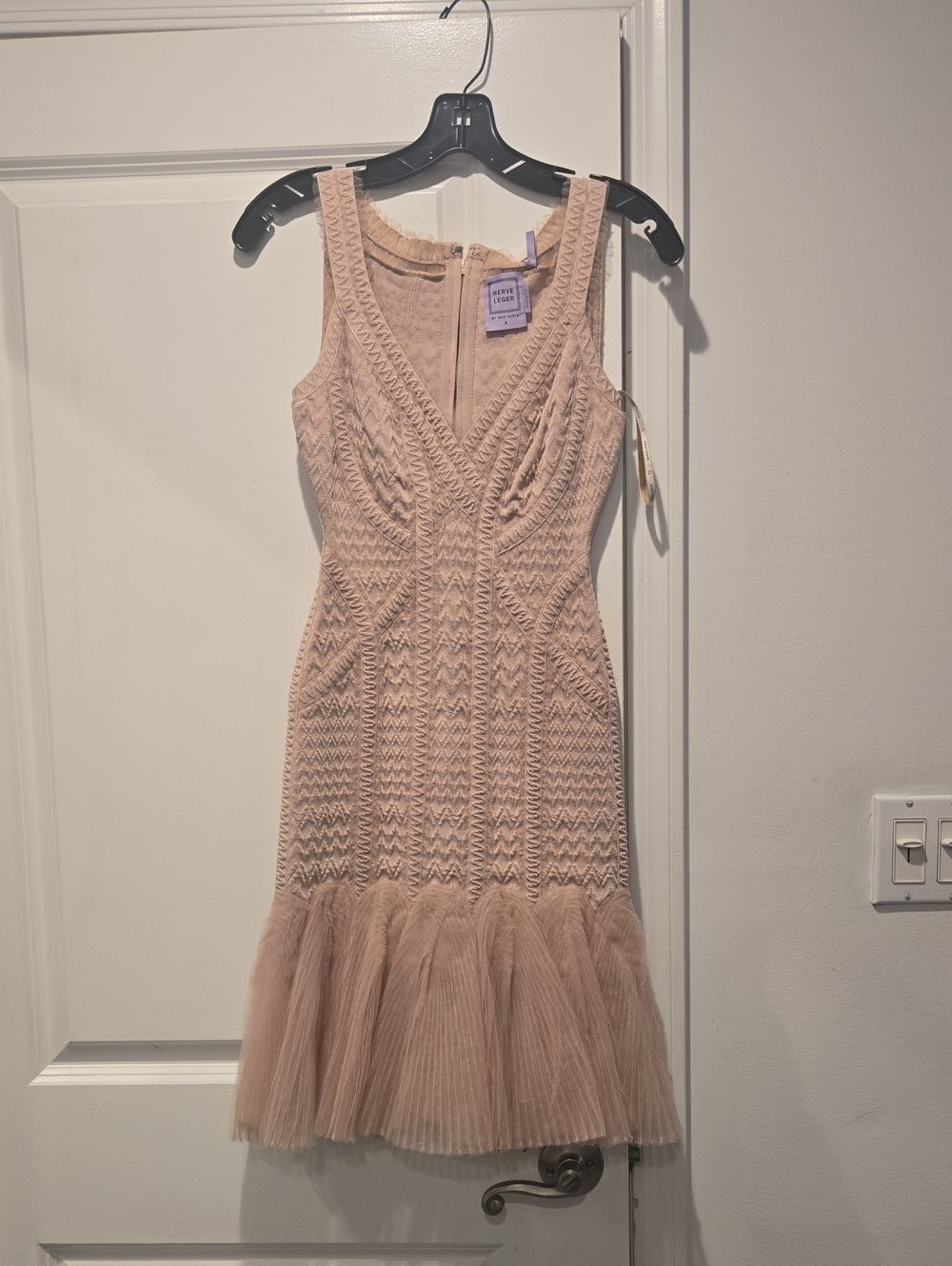 Herve Leger Sleeveless Blush Knit Mermaid Dress with Tulle Hem